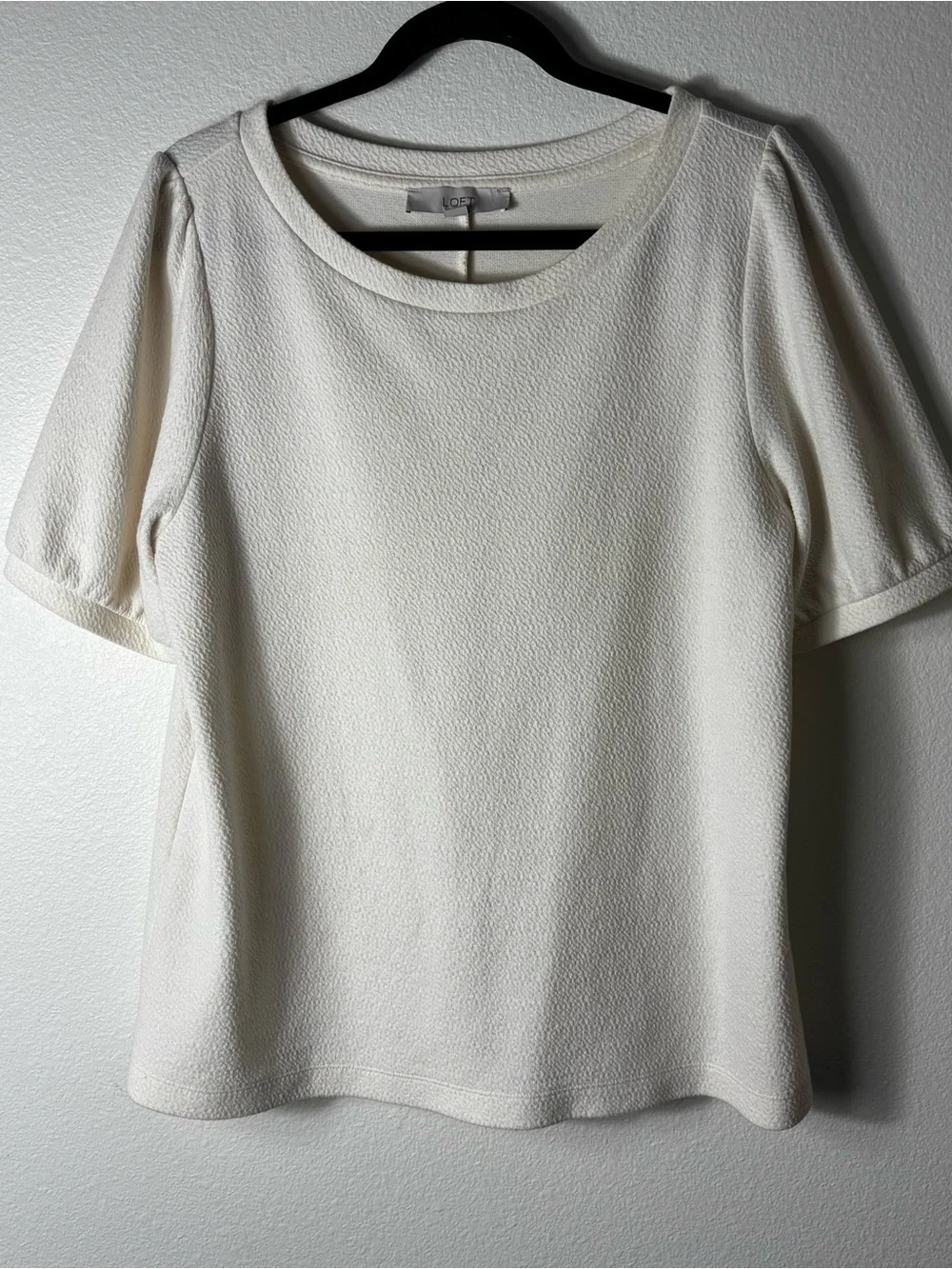 LOFT Large Ivory Textured Knit Puff Sleeve Top Keyhole Back Blouse